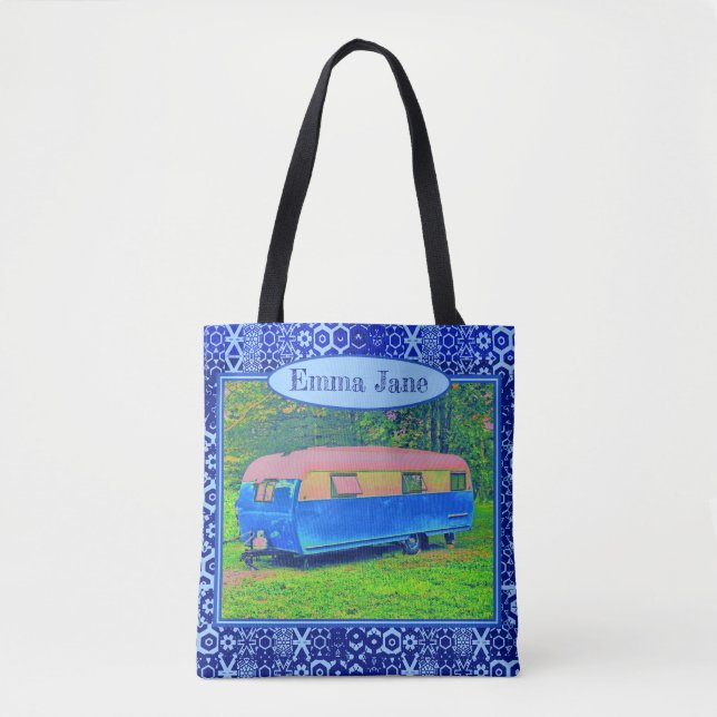 Brilliant Blue Vintage Camper Trailer Tote Bag (Front)
