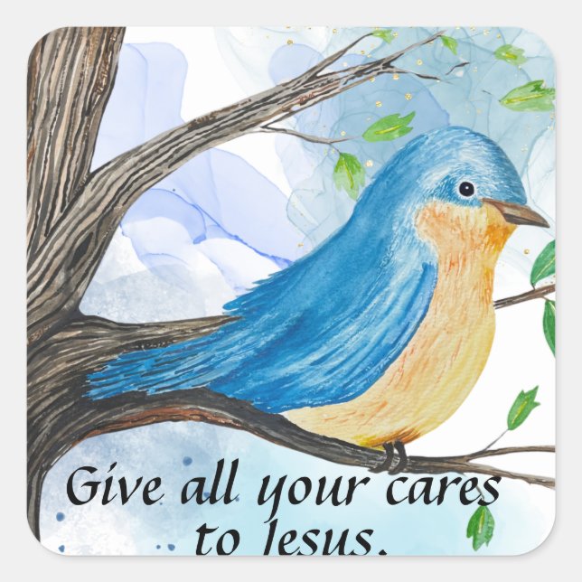 Brilliant Blue Watercolor Bird in a Tree Stickers (Front)