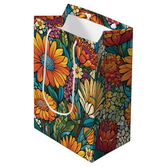 Brilliant Colour Mosaic Flowers Medium Gift Bag (Front Angled)