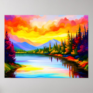 Brilliant coloured drawing of sunset over lake poster