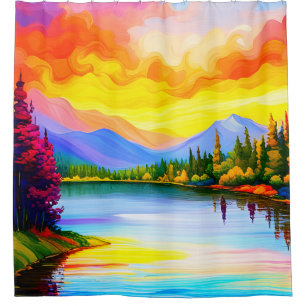 Brilliant coloured drawing of sunset over lake shower curtain