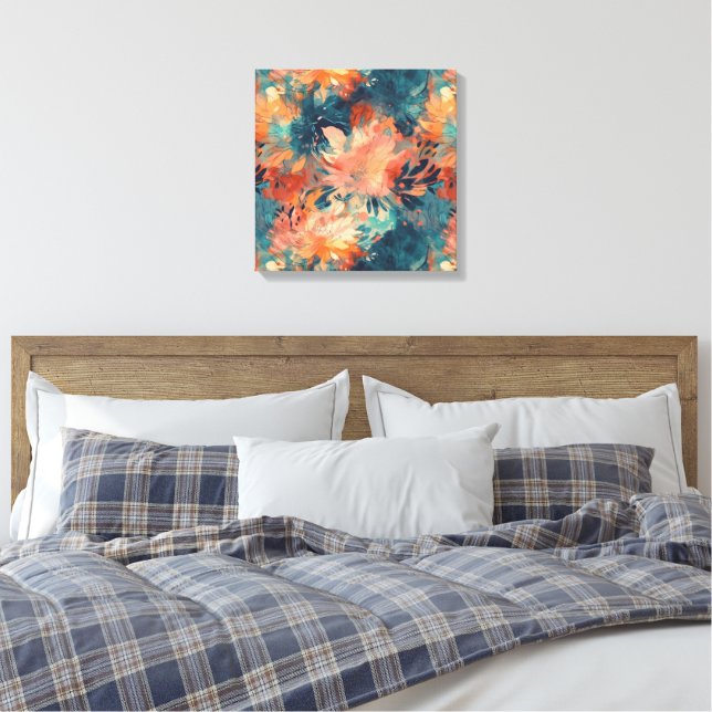 Brilliant Coral and Teal Abstract Floral Canvas Print (Insitu(Bedroom))