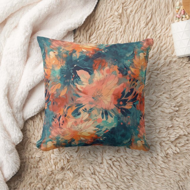 Brilliant Coral and Teal Abstract Floral Cushion (Blanket)