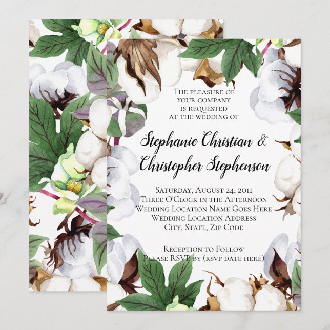 Brilliant Cotton Bloom Watercolor Wedding Invitation (Front/Back)