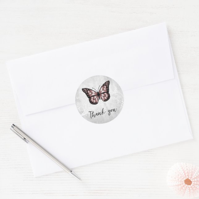 Brilliant Pink Butterfly Thank You Classic Round Sticker (Envelope)