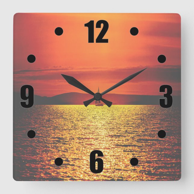 Brilliant Red And Golden Sunset Sail Square Wall Clock (Front)