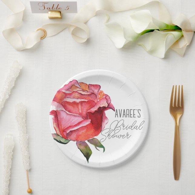 Brilliant Red Watercolor Rose Bridal Shower Paper Plate (Wedding)
