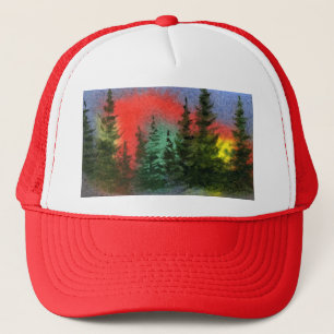 Brilliant sunrise sunset pines on a ridge. trucker hat