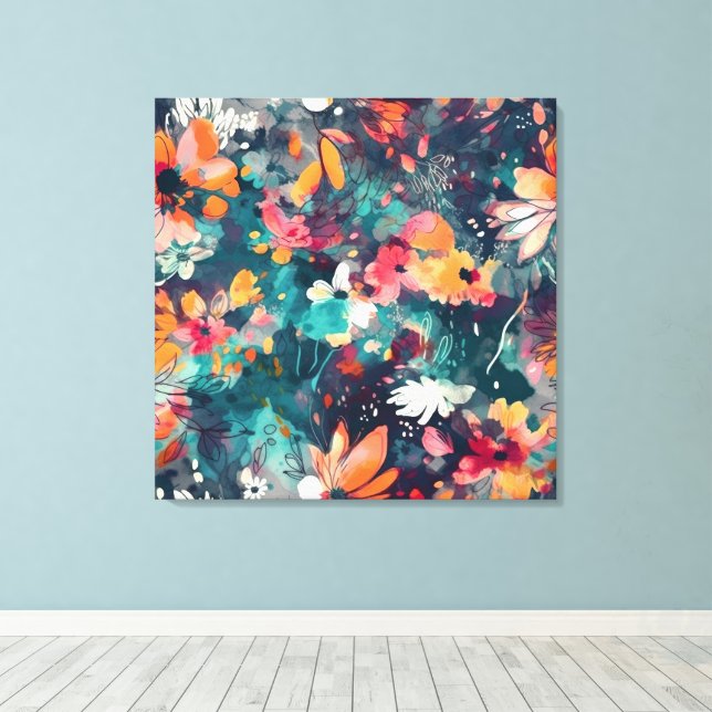 Brilliant Teal and Multicolor Floral Abstract Canvas Print (Insitu(Wood Floor))