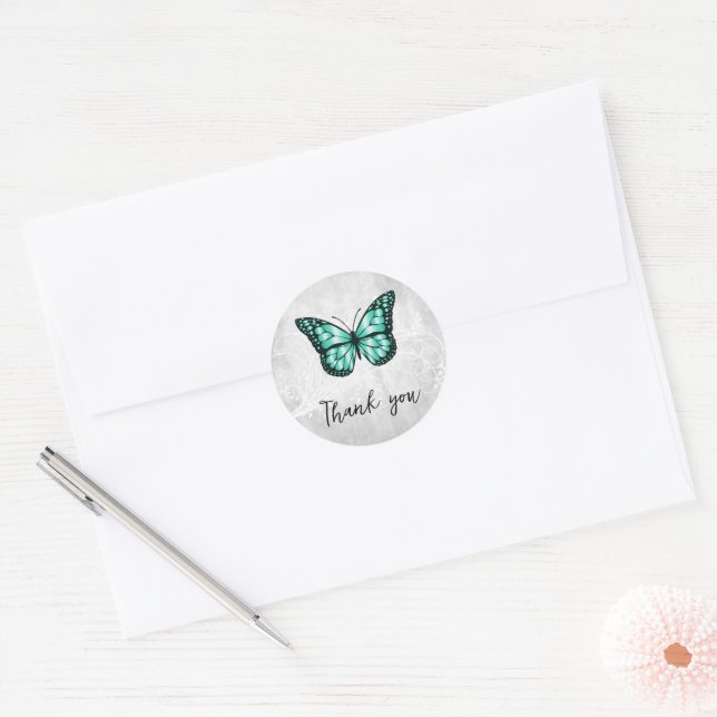 Brilliant Teal Butterfly Thank You Classic Round Sticker (Envelope)