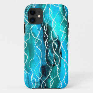 Brilliant Turquoise, Black, White Waves iPhone 11 Case