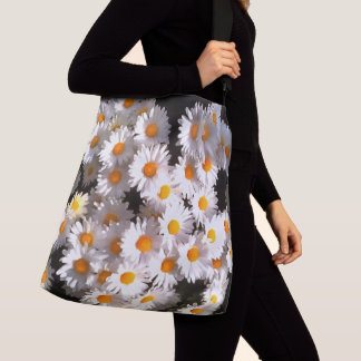 Brilliant White Daisies On Black Floral Art Crossbody Bag