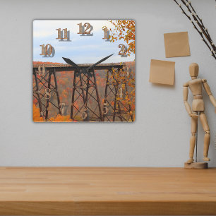 Brilliantly Coloured Autumn Leaves At Kinzua Bridg Square Wall Clock
