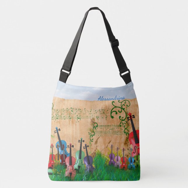 Brilliantly-Coloured Violin Garden with Name Crossbody Bag (Front)