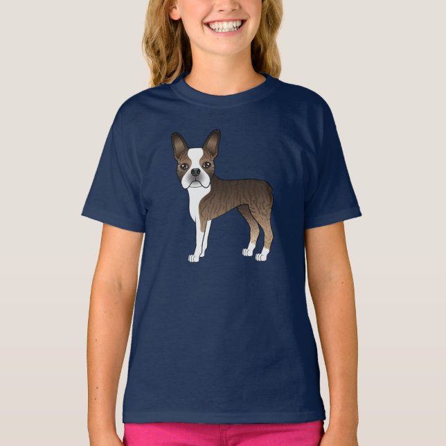 Brindle And White Boston Terrier Cute Cartoon Dog T-Shirt (Front)