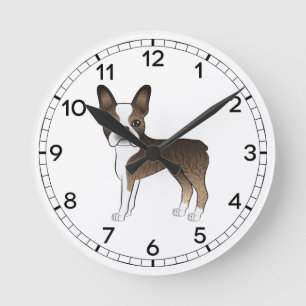 Brindle And White Boston Terrier Dog Illustration Round Clock