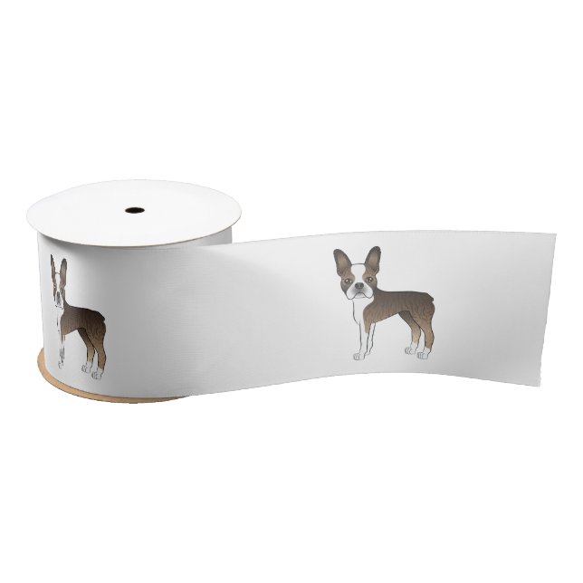 Brindle And White Boston Terrier Dog Illustration Satin Ribbon (Spool)