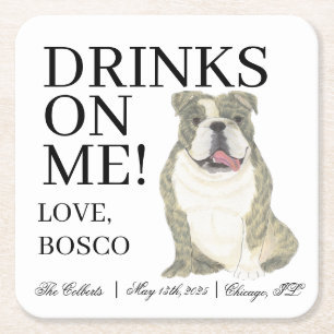 Brindle and White English Bulldog Dog Wedding Square Paper Coaster