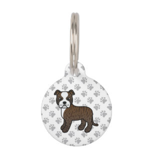 Brindle And White Staffie Cartoon Dog & Pet's Info Pet Tag
