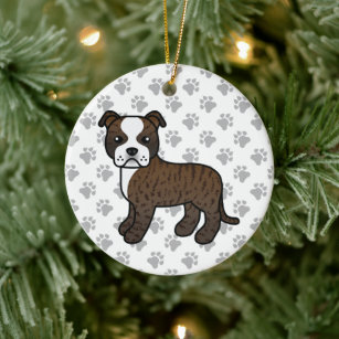 Brindle And White Staffordshire Bull Terrier Dog Ceramic Tree Decoration
