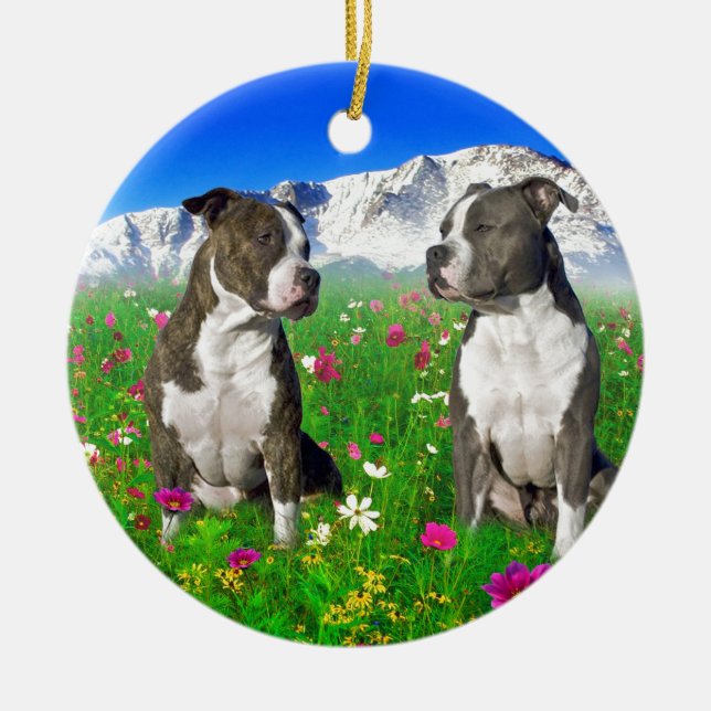 Brindle & Blue Staffordshire & Pit Bull Dogs Ceramic Tree Decoration (Front)