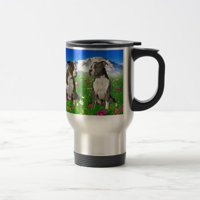 Brindle & Blue Staffordshire & Pit Bull Dogs Travel Mug (Right)