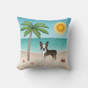 Brindle Boston Terrier At A Tropical Summer Beach Cushion