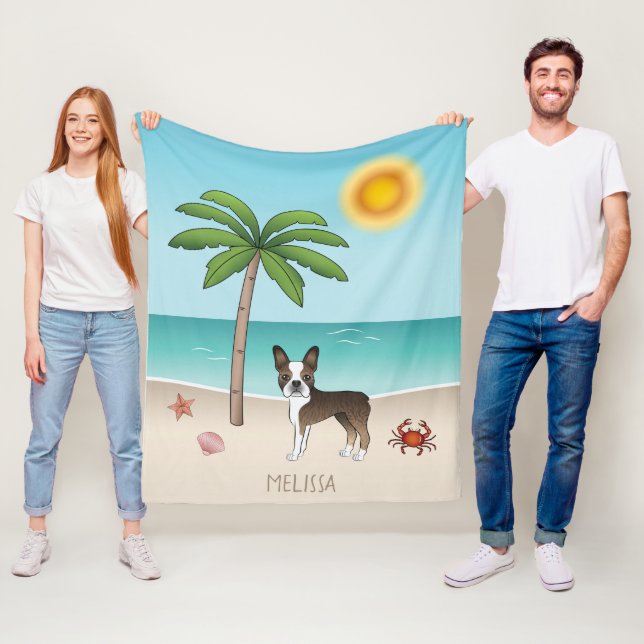 Brindle Boston Terrier At A Tropical Summer Beach Fleece Blanket (In Situ)