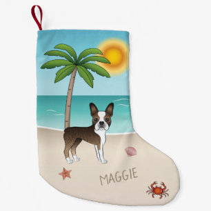 Brindle Boston Terrier At A Tropical Summer Beach Small Christmas Stocking