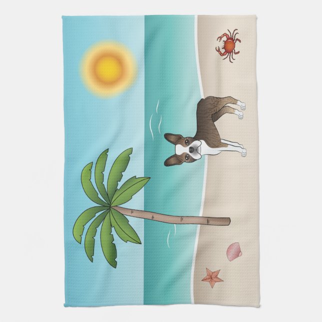 Brindle Boston Terrier At A Tropical Summer Beach Tea Towel (Vertical)