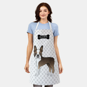 Brindle Boston Terrier Cartoon Dog & Custom Name Apron