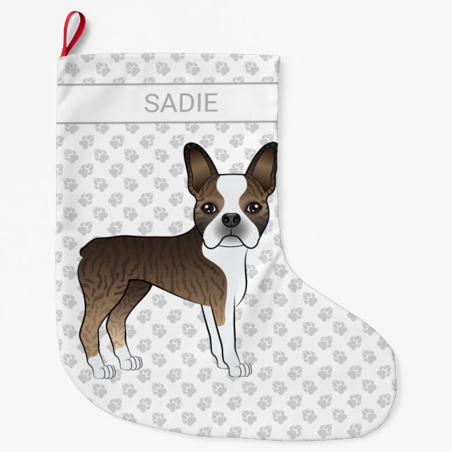 Brindle Boston Terrier Cartoon Dog & Custom Name Large Christmas Stocking (Front)