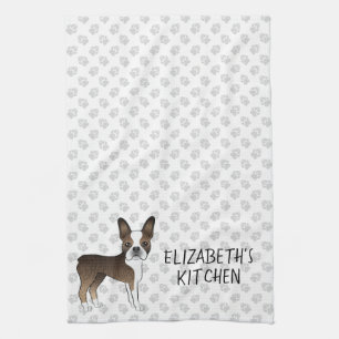 Brindle Boston Terrier Cartoon Dog & Custom Text Tea Towel