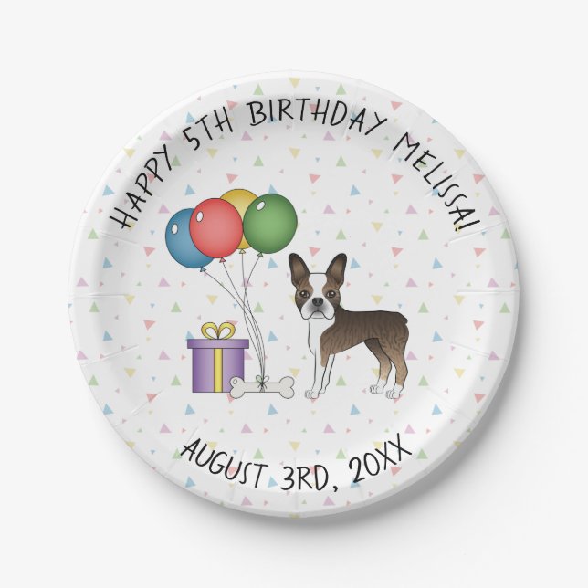 Brindle Boston Terrier Cute Cartoon Dog - Birthday Paper Plate (Front)