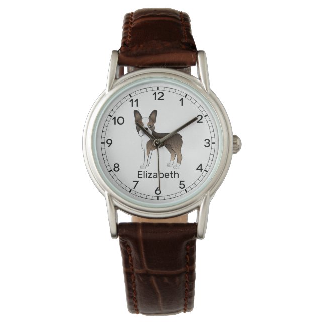 Brindle Boston Terrier Cute Cartoon Dog & Name Watch (Front)