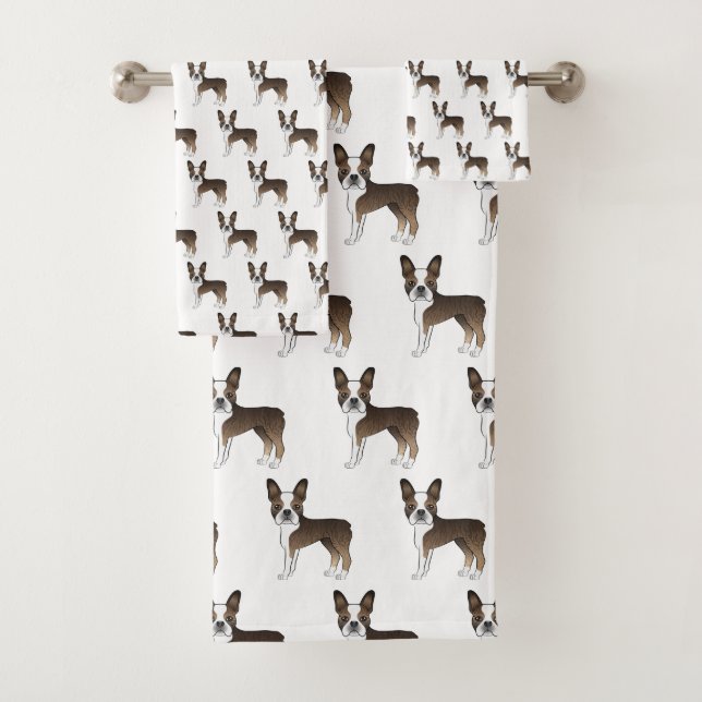 Brindle Boston Terrier Cute Cartoon Dog Pattern Bath Towel Set (Insitu)