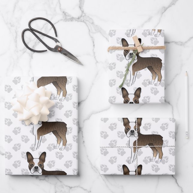 Brindle Boston Terrier Cute Cartoon Dog Pattern Wrapping Paper Sheet (Front)