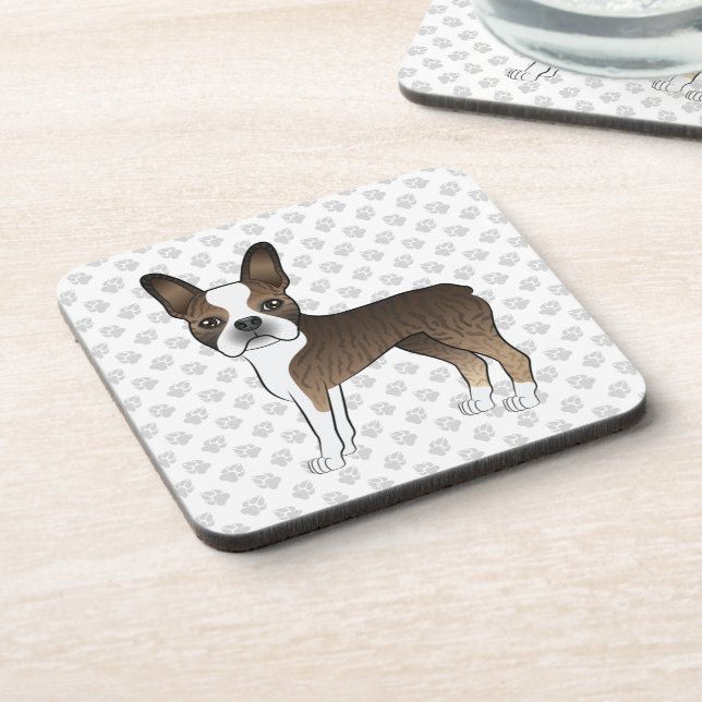 Brindle Boston Terrier Cute Cartoon Dog & Paws Coaster (Left Side)
