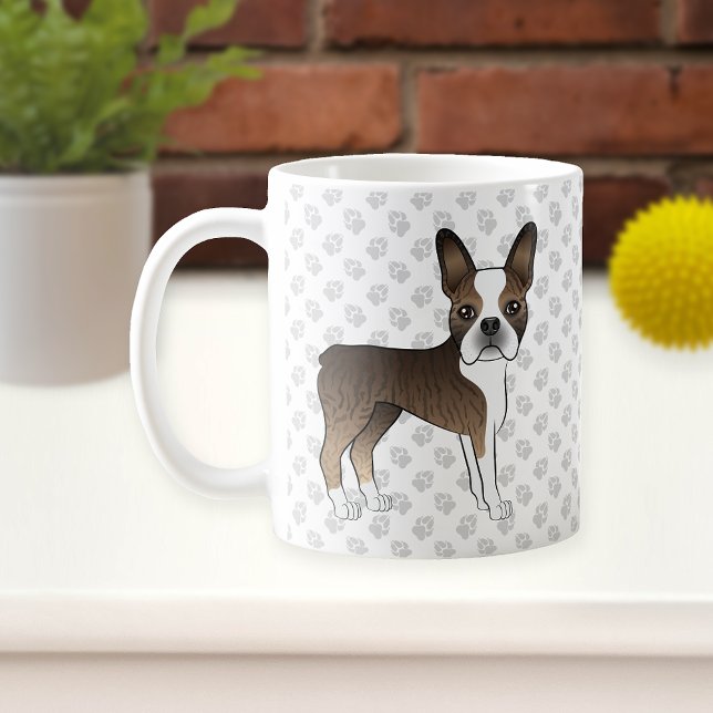 Brindle Boston Terrier Cute Cartoon Dog & Paws Coffee Mug (Creator Uploaded)