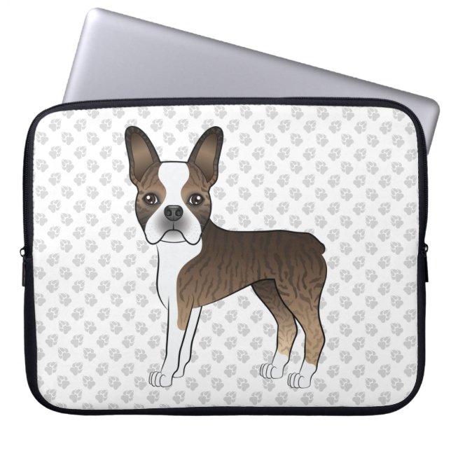 Brindle Boston Terrier Cute Cartoon Dog & Paws Laptop Sleeve (Front)