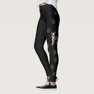 Brindle Boston Terrier Cute Cartoon Dog & Paws Leggings