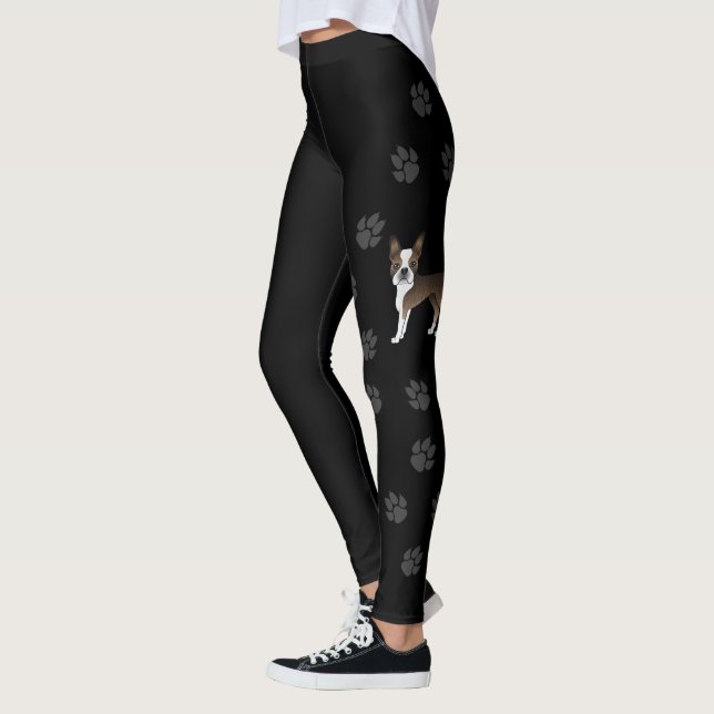 Brindle Boston Terrier Cute Cartoon Dog & Paws Leggings (Left)