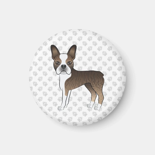 Brindle Boston Terrier Cute Cartoon Dog & Paws Magnet (Front)