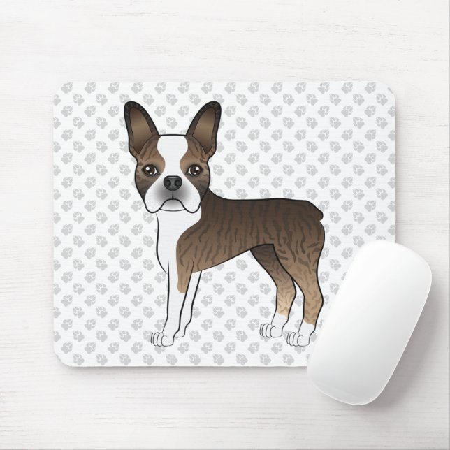 Brindle Boston Terrier Cute Cartoon Dog & Paws Mouse Mat (With Mouse)