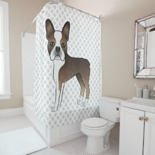 Brindle Boston Terrier Cute Cartoon Dog & Paws Shower Curtain