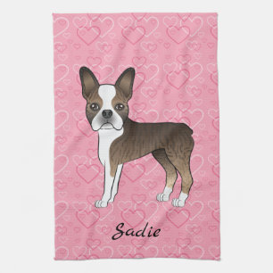 Brindle Boston Terrier Dog On Pink Hearts And Name Tea Towel