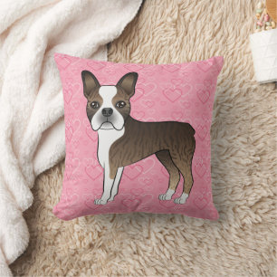 Brindle Boston Terrier Dog On Pink Hearts Cushion
