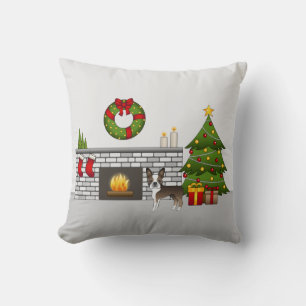 Brindle Boston Terrier In A Festive Christmas Room Cushion