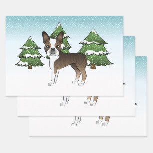 Brindle Boston Terrier In A Winter Forest Wrapping Paper Sheet