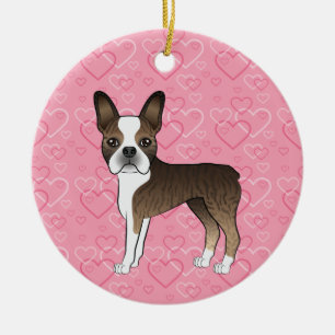 Brindle Boston Terrier On Pink Hearts Pet Memorial Ceramic Tree Decoration